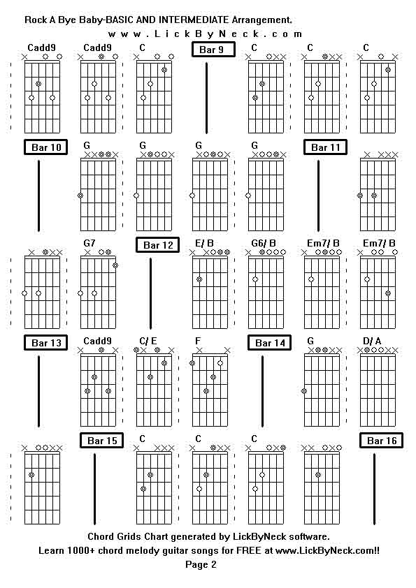 Chord Grids Chart of chord melody fingerstyle guitar song-Rock A Bye Baby-BASIC AND INTERMEDIATE Arrangement,generated by LickByNeck software.